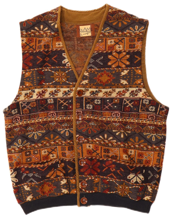 Vintage Mens Gilet UK 38 Medium Brown Fair Isle Wool