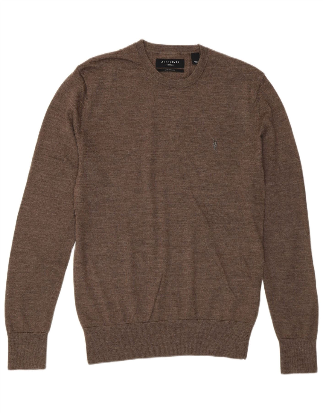 All Saints Mens Crew Neck Jumper Sweater Medium Brown Merino Wool