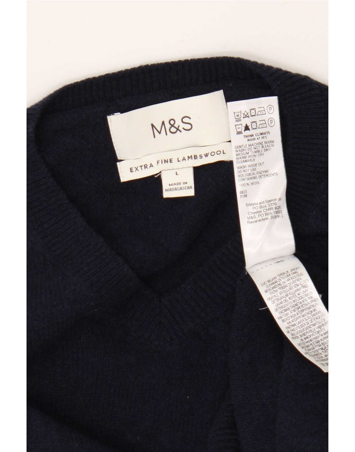 Marks & Spencer Mens V-Neck Jumper Sweater Large Navy Blue Wool