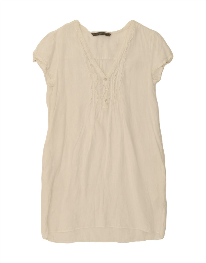 ZARA Womens Ruffle Front Sheath Dress UK 14 Medium White Linen Vintage Zara and Second-Hand Zara from Messina Hembry 
