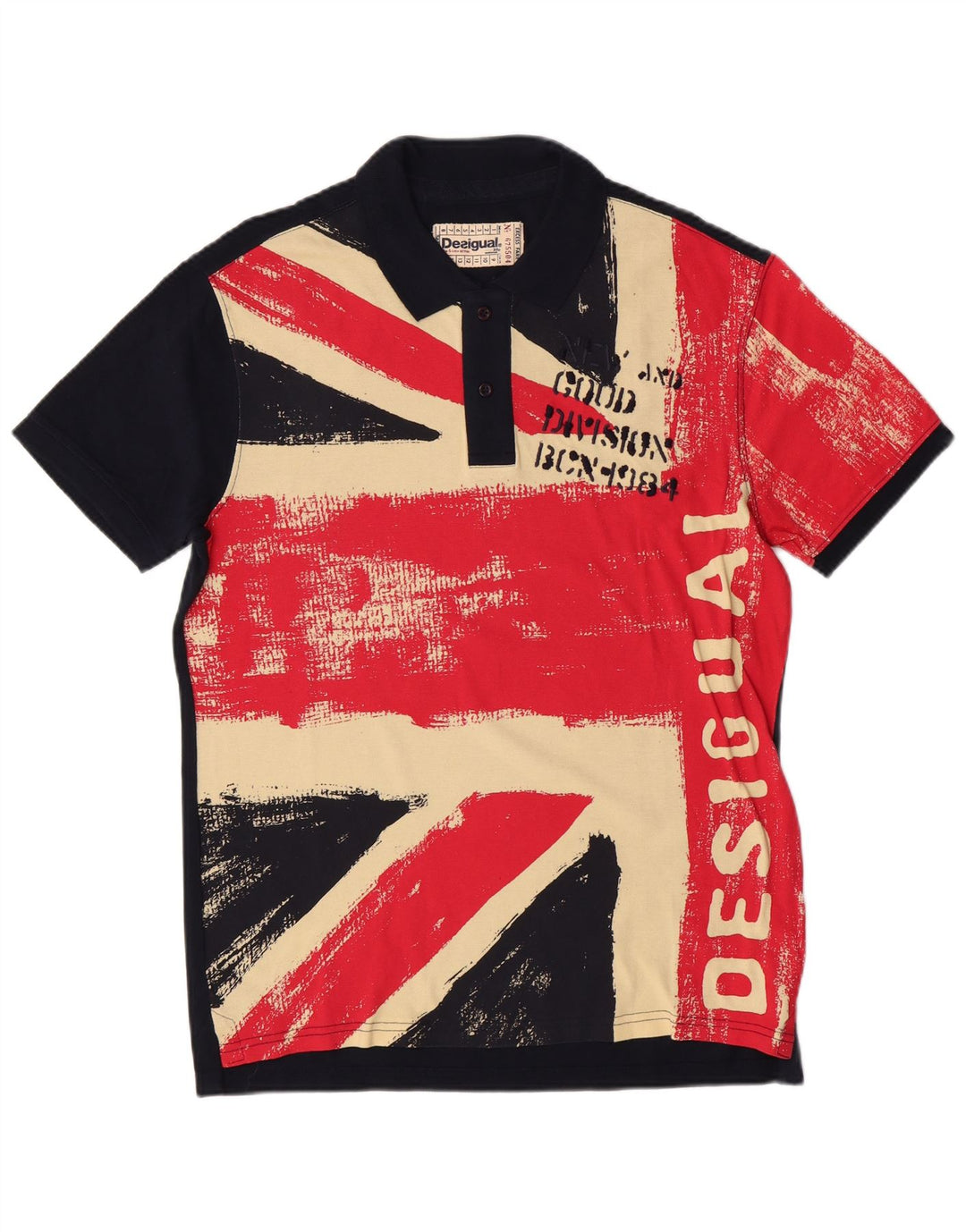 DESIGUAL Mens Graphic Polo Shirt Large Navy Blue Colourblock Cotton