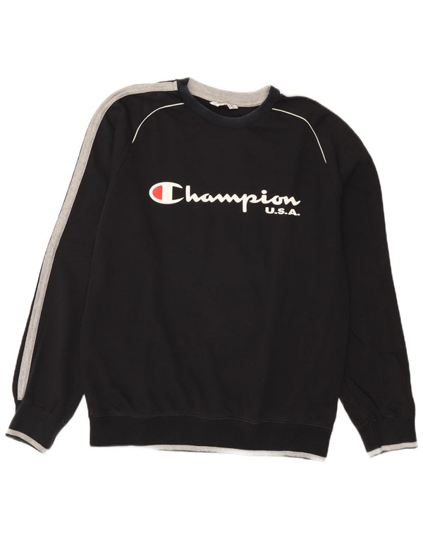 Champion Mens Graphic Sweatshirt Jumper Large Black Colourblock Cotton
