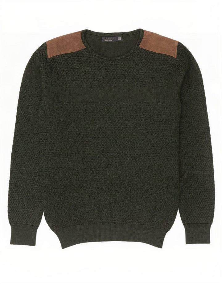 Zara Mens Crew Neck Jumper Sweater Medium Green Colourblock