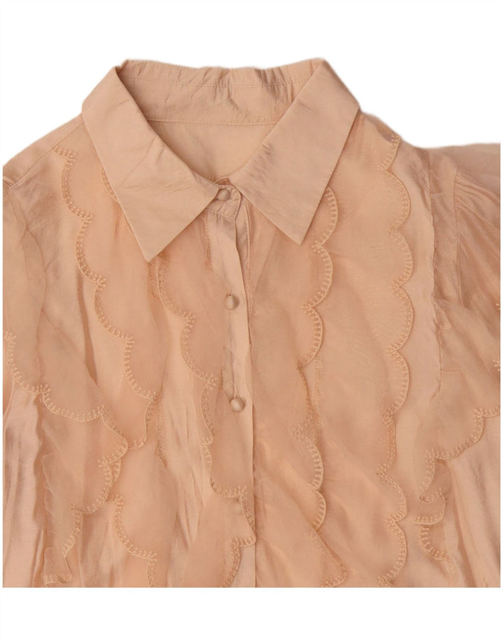 Vintage Womens Crop Ruffle Front Shirt Blouse UK 14 Medium Beige Viscose