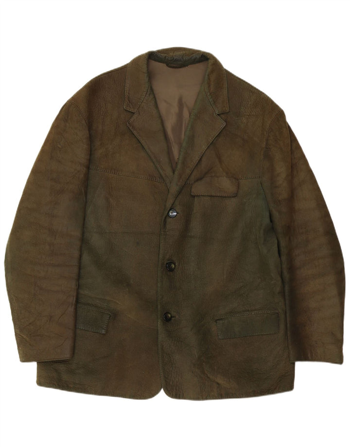 Vintage Mens 3 Button Leather Blazer Jacket UK 38 Medium Khaki