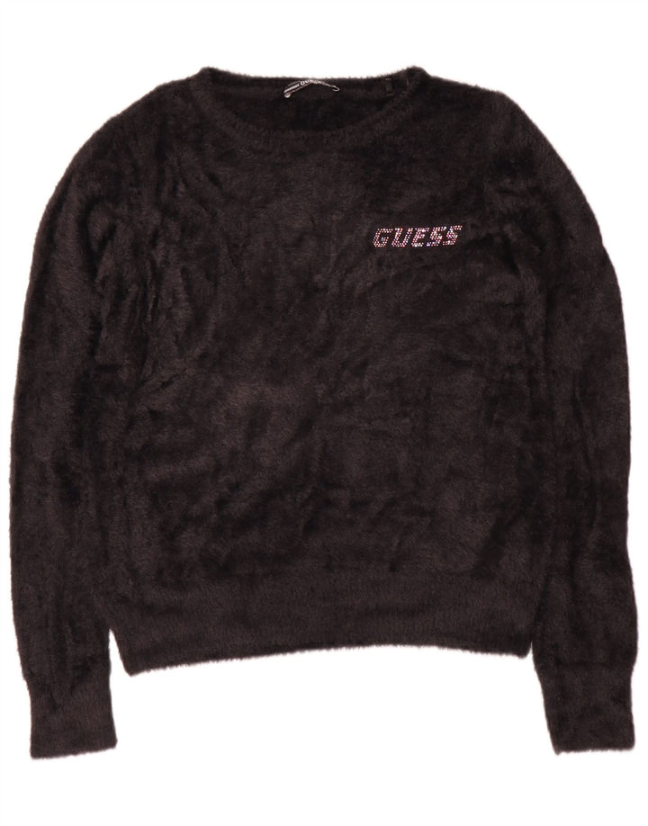 Guess Womens Graphic Fleece Jumper UK 12 Medium Black Polyamide