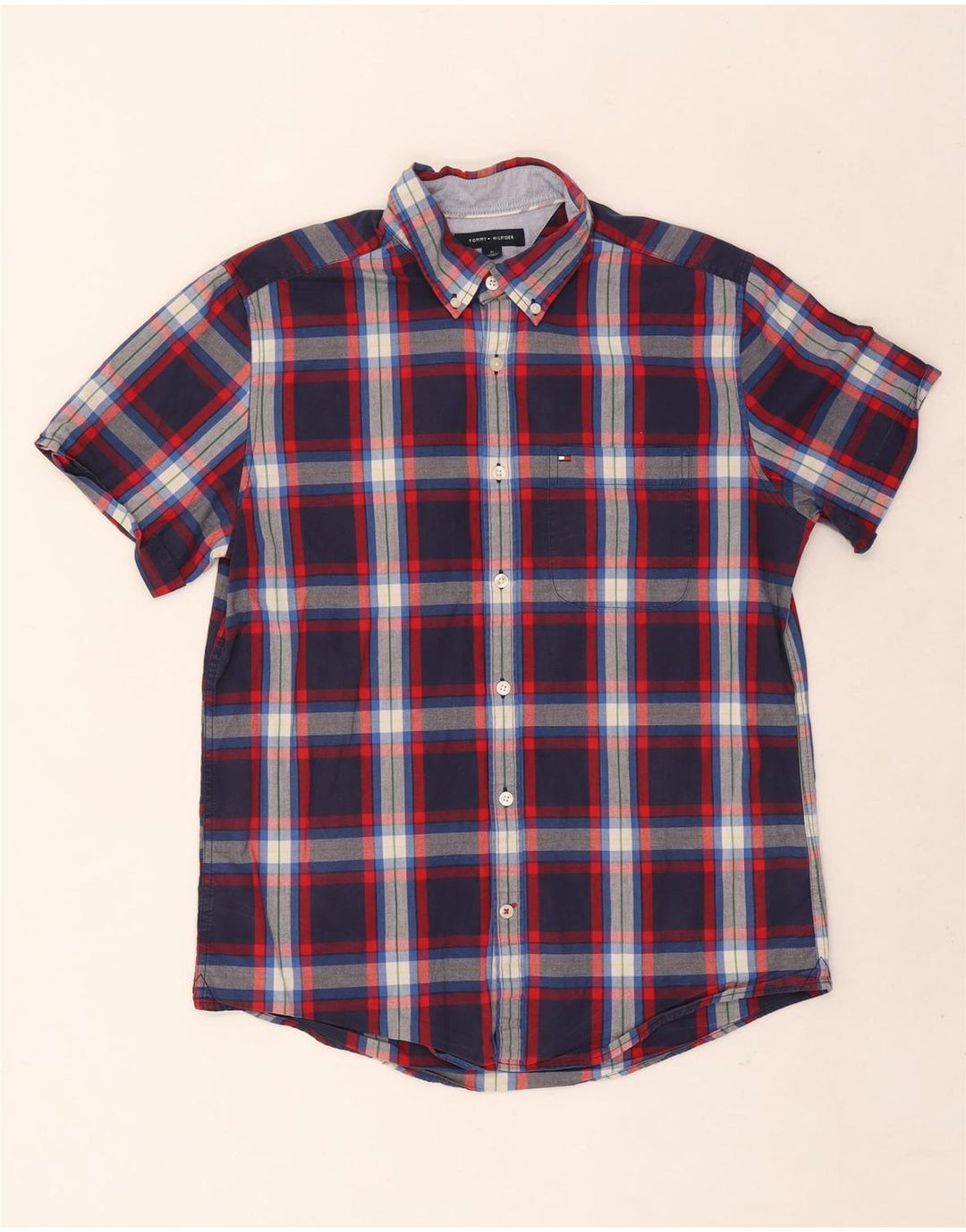 Tommy Hilfiger Mens Short Sleeve Slim Fit Shirt Medium Navy Blue Check