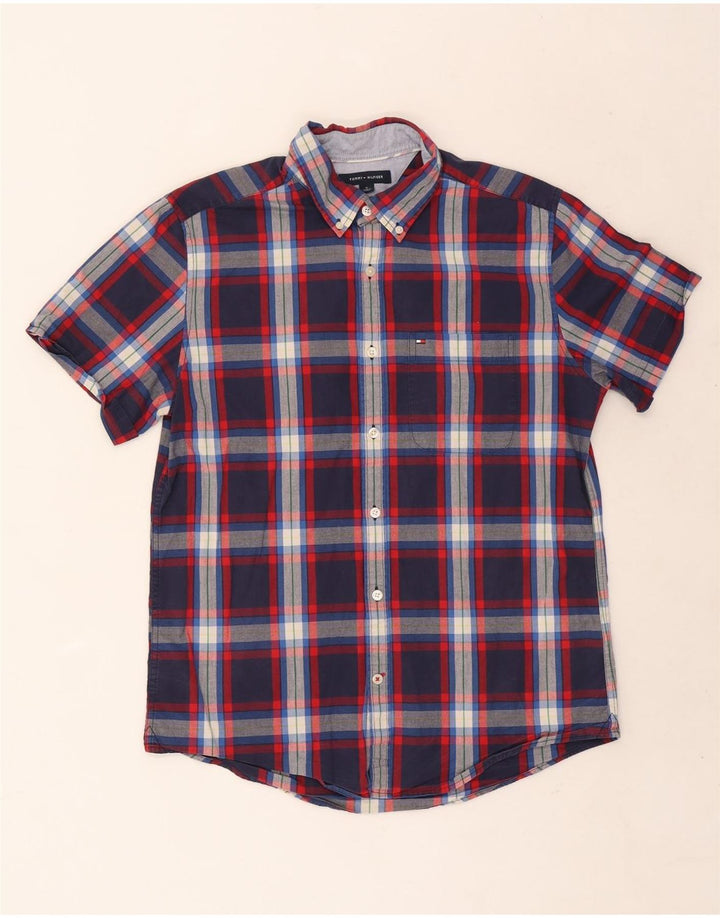 Tommy Hilfiger Mens Short Sleeve Slim Fit Shirt Medium Navy Blue Check
