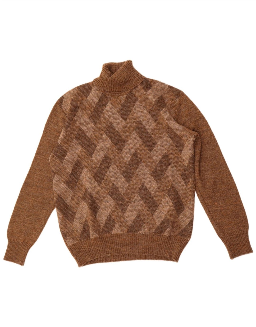 Vintage Mens Roll Neck Jumper Sweater Medium Brown Argyle/Diamond
