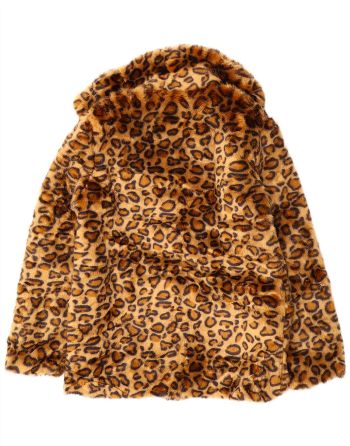VINTAGE Womens Faux Fur Jacket UK 10 Small Brown Animal Print Polyester