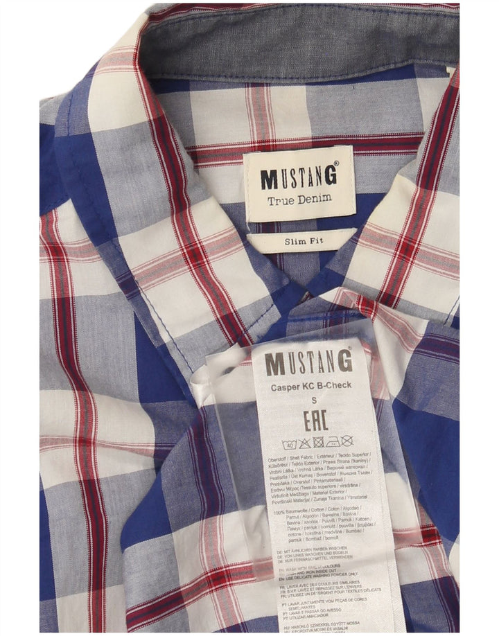 Mustang Mens Slim Fit Shirt Small Blue Check Cotton