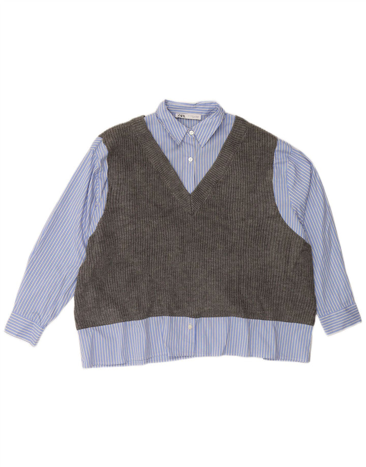 ZARA Womens Oversized Knit Vest Shirt UK 6 XS Blue Striped