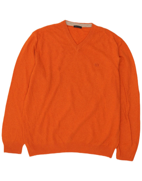 SERGIO TACCHINI Mens V-Neck Jumper Sweater Large Orange Wool