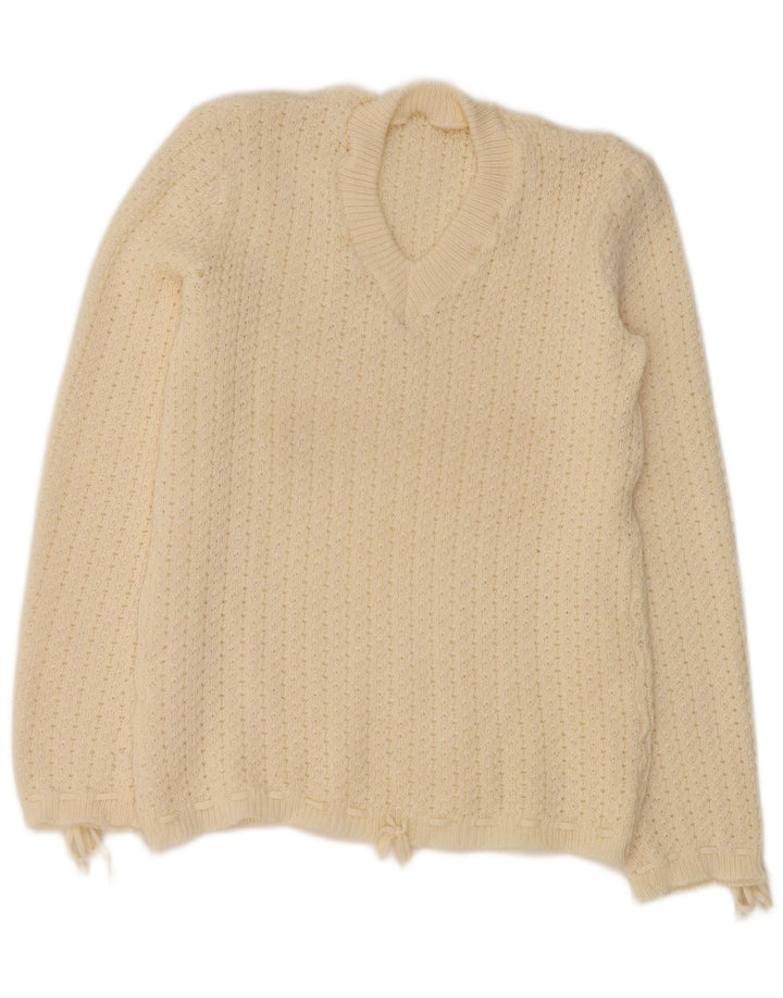 VINTAGE Womens V-Neck Jumper Sweater UK 12 Medium Off White