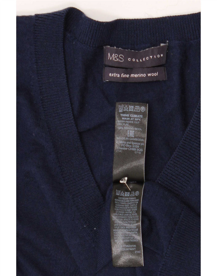Marks & Spencer Mens V-Neck Jumper Sweater Medium Navy Blue Wool