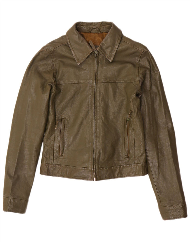 Zara Womens Trafaluc Crop Leather Jacket UK 12 Medium Khaki Leather