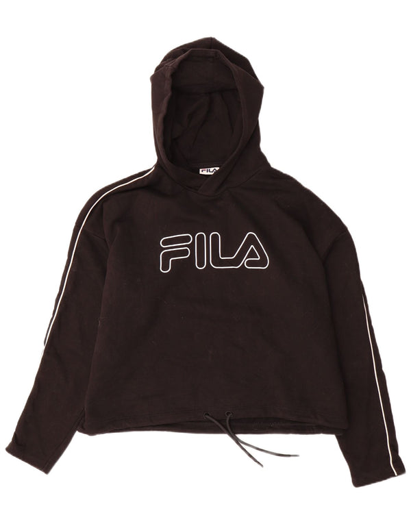 FILA Womens Oversized Crop Graphic Hoodie Jumper UK 14 Medium Black Cotton