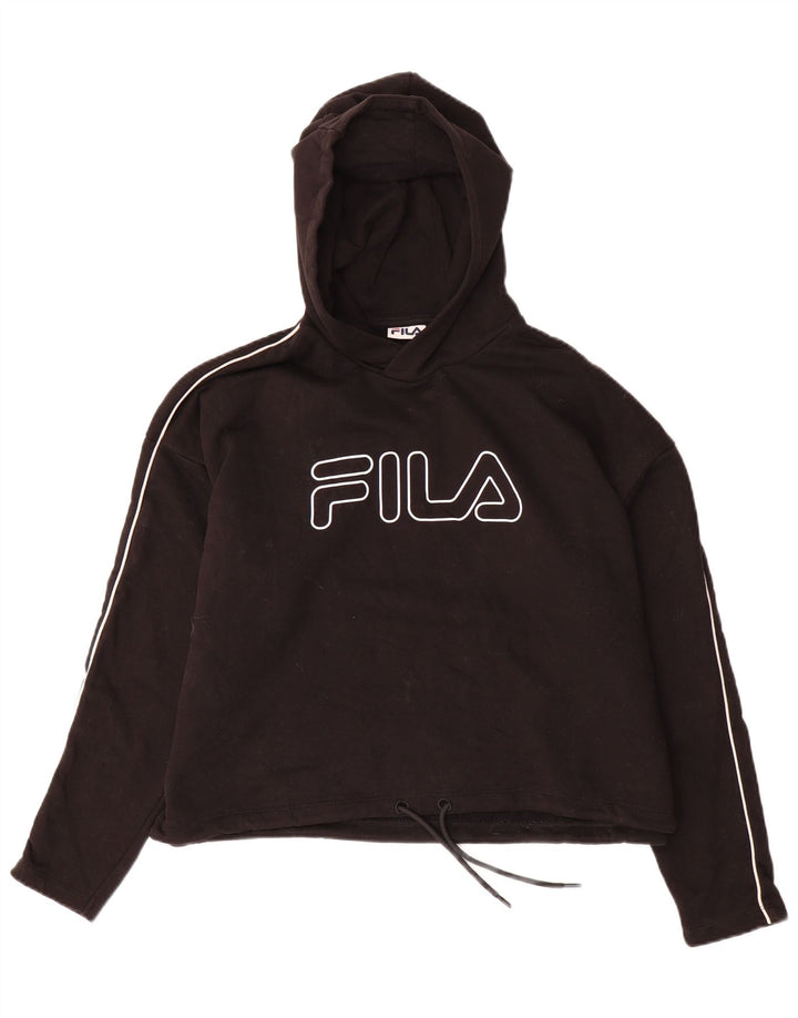 FILA Womens Oversized Crop Graphic Hoodie Jumper UK 14 Medium Black Cotton