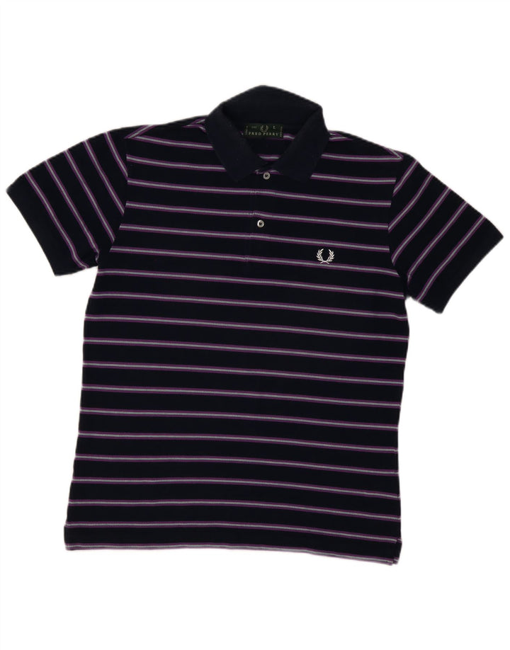 FRED PERRY Mens Polo Shirt Large Navy Blue Striped Cotton