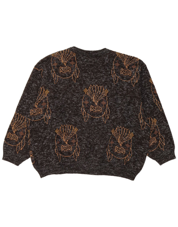 VINTAGE Womens Graphic Crew Neck Jumper Sweater UK 18 XL Black Flecked