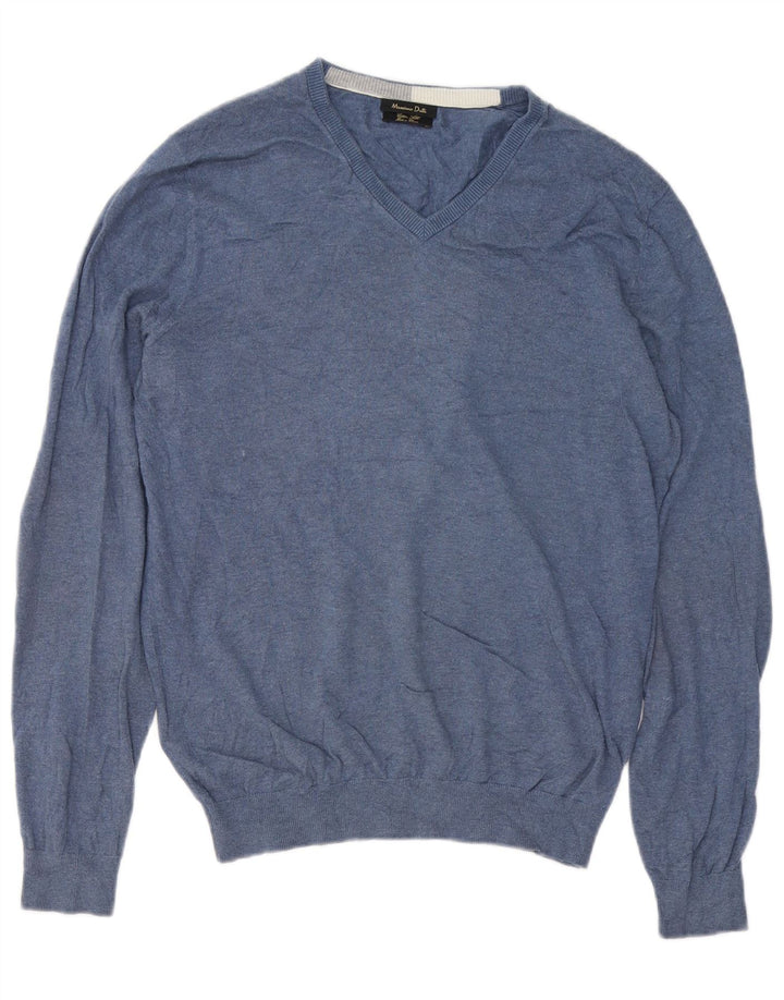 Massimo Dutti Mens V-Neck Jumper Sweater Medium Blue Cotton