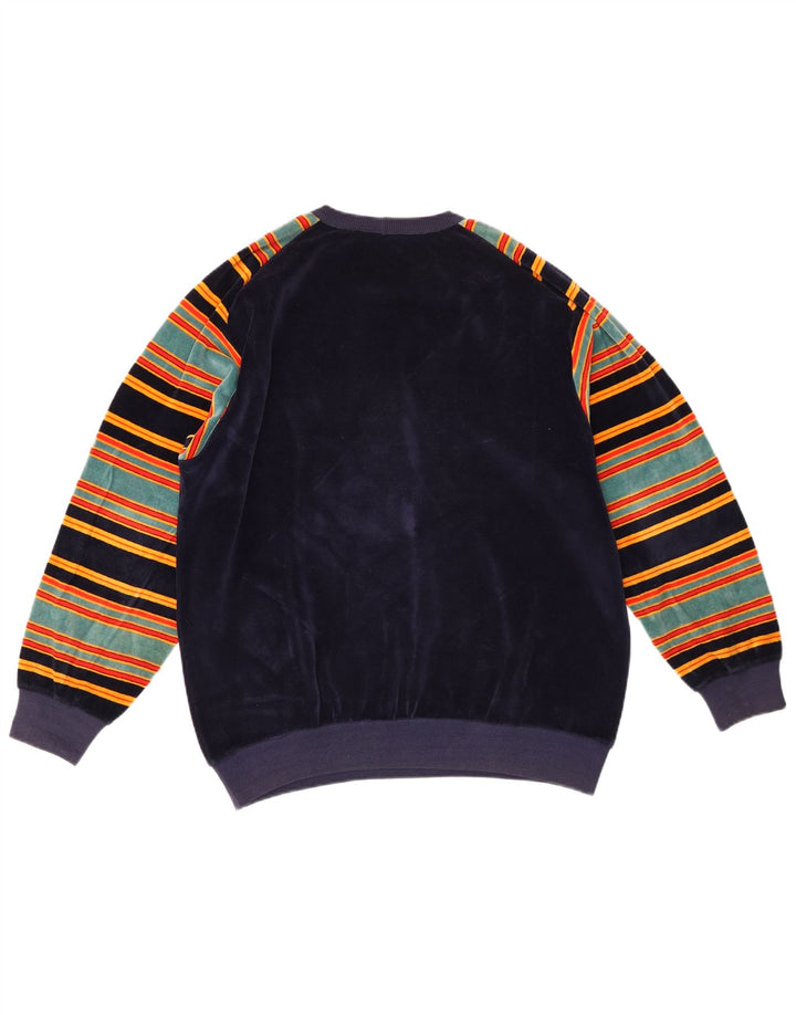 Vintage Mens Terry Cloth Sweatshirt Jumper  Medium Navy Blue Striped Cotton