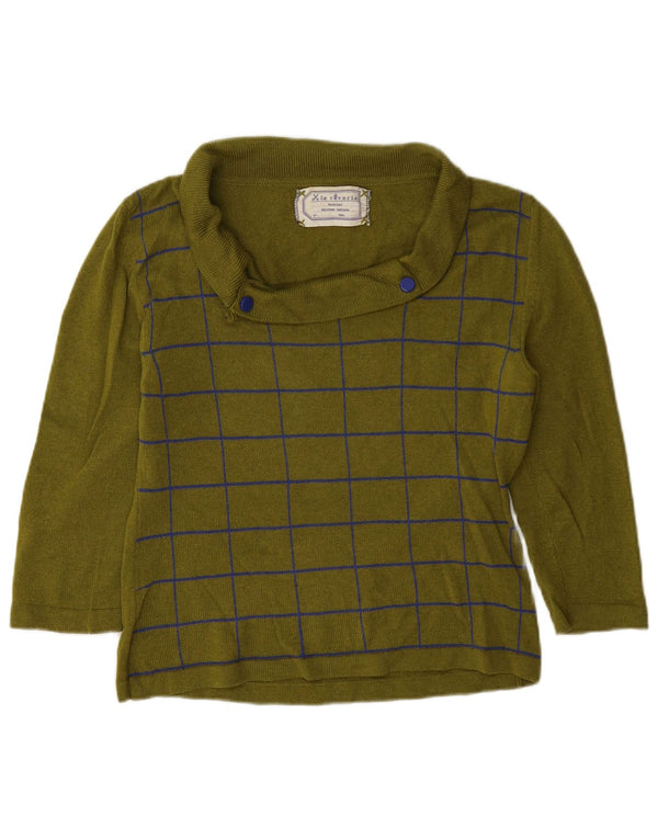 Vintage Womens 3/4 Sleeve Roll Neck Jumper Sweater UK 14 Medium Khaki Check