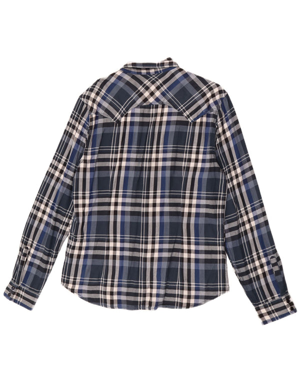 Guess Mens Slim Fit Flannel Shirt UK 40 Medium Navy Blue Plaid Cotton