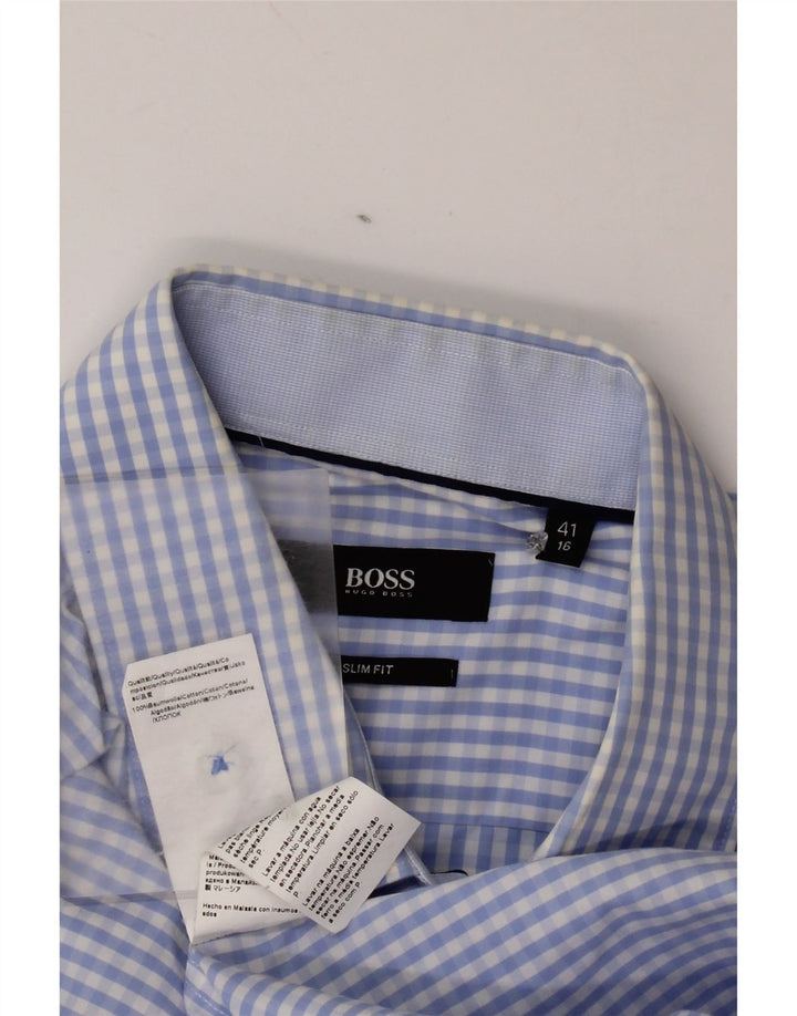Hugo Boss Mens Slim Fit Shirt Size 41 16 Large Blue Gingham Cotton