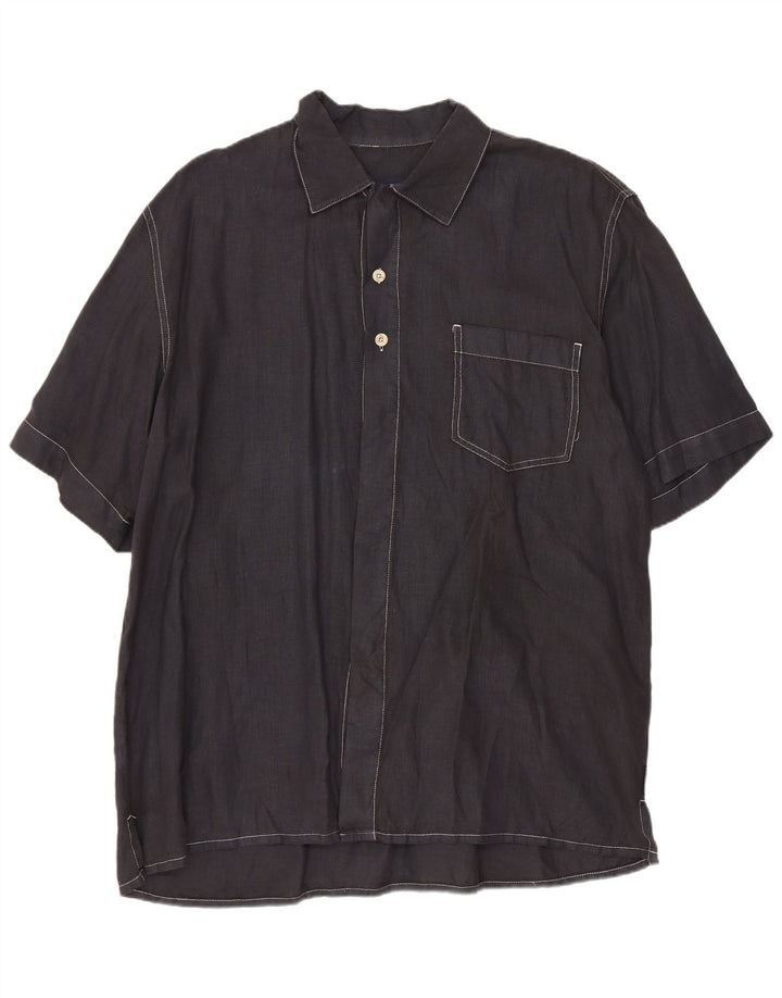 Cerruti Mens Short Sleeve Shirt Large Navy Blue Flax