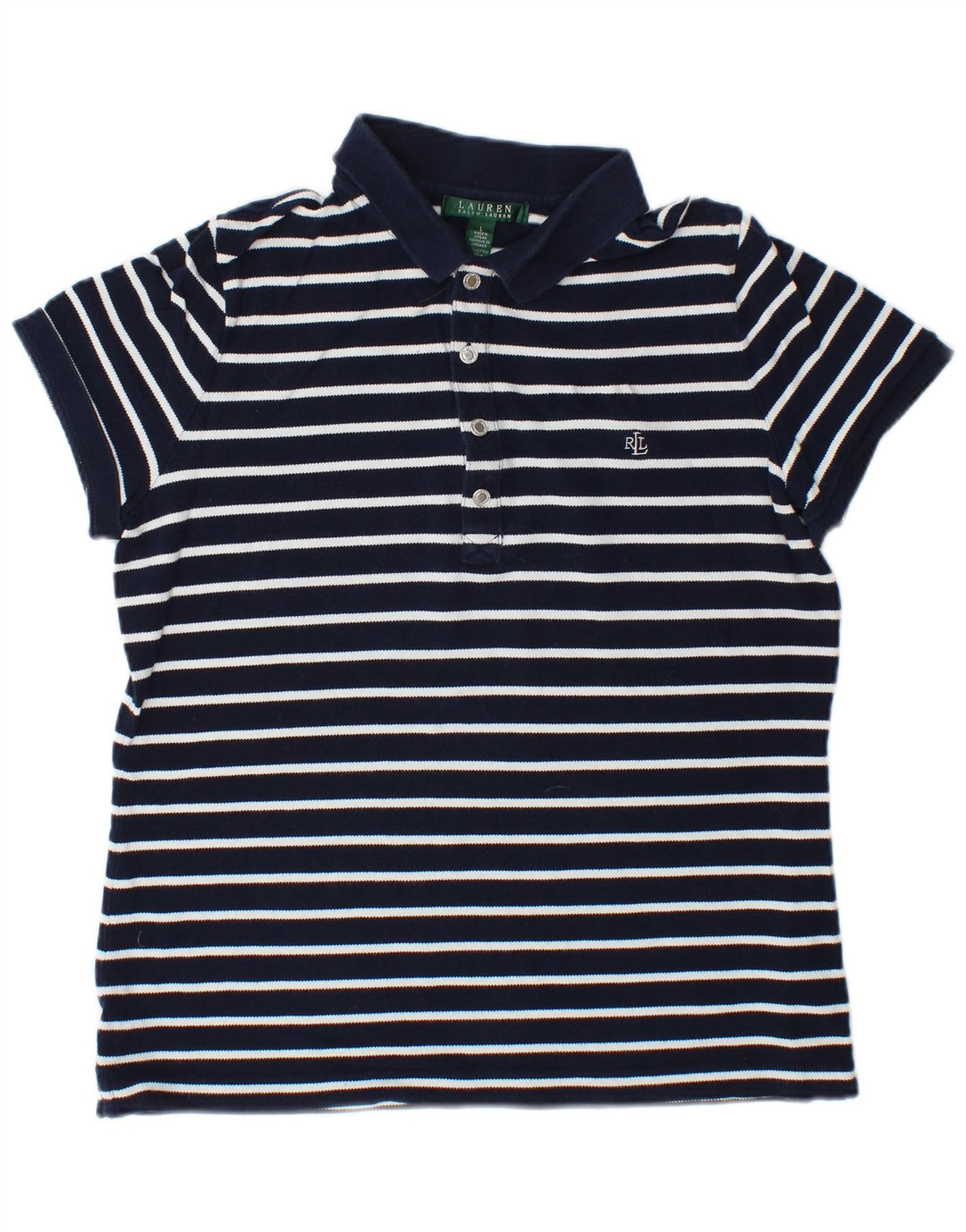 RALPH LAUREN Womens Polo Shirt UK 16 Large Navy Blue Striped Cotton