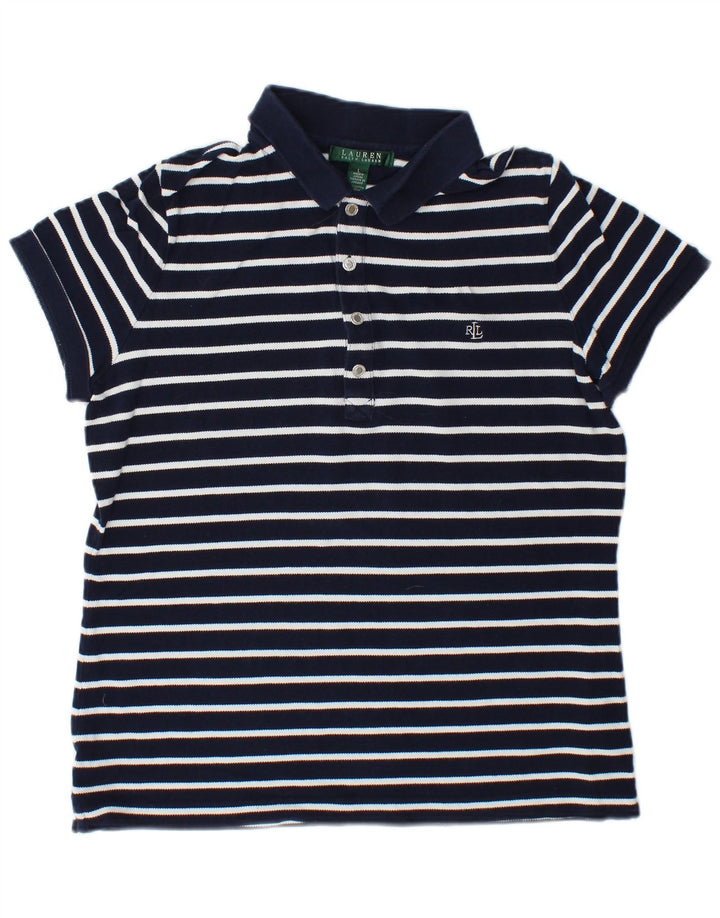 RALPH LAUREN Womens Polo Shirt UK 16 Large Navy Blue Striped Cotton