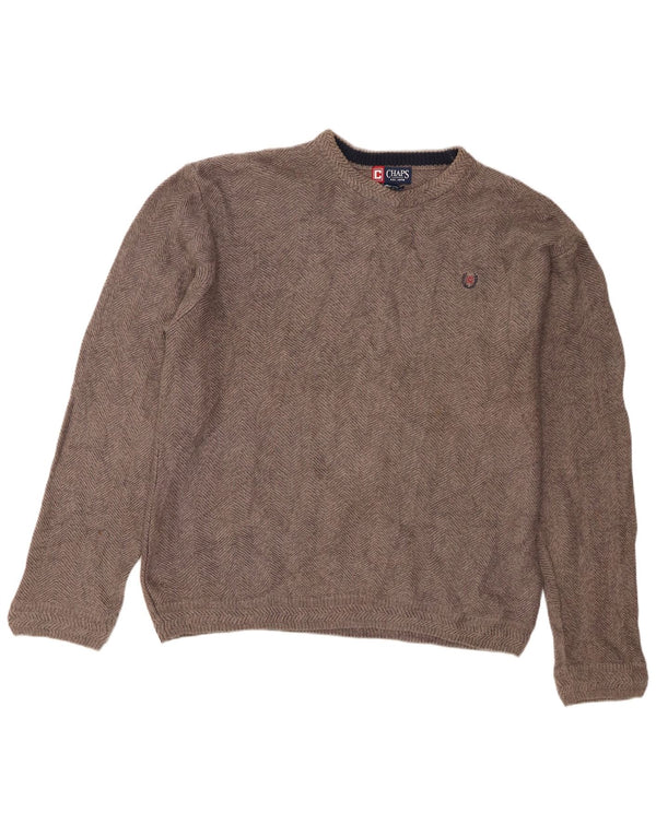 Chaps Mens Crew Neck Jumper Sweater Large Grey Herringbone Cotton