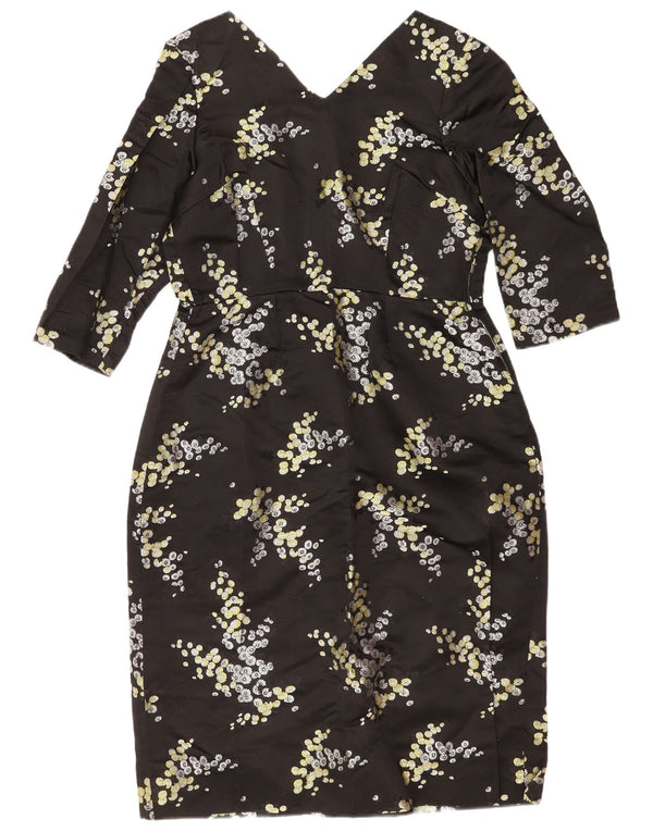 Vintage Womens 3/4 Sleeve Sheath Dress UK 14 Medium Black Floral