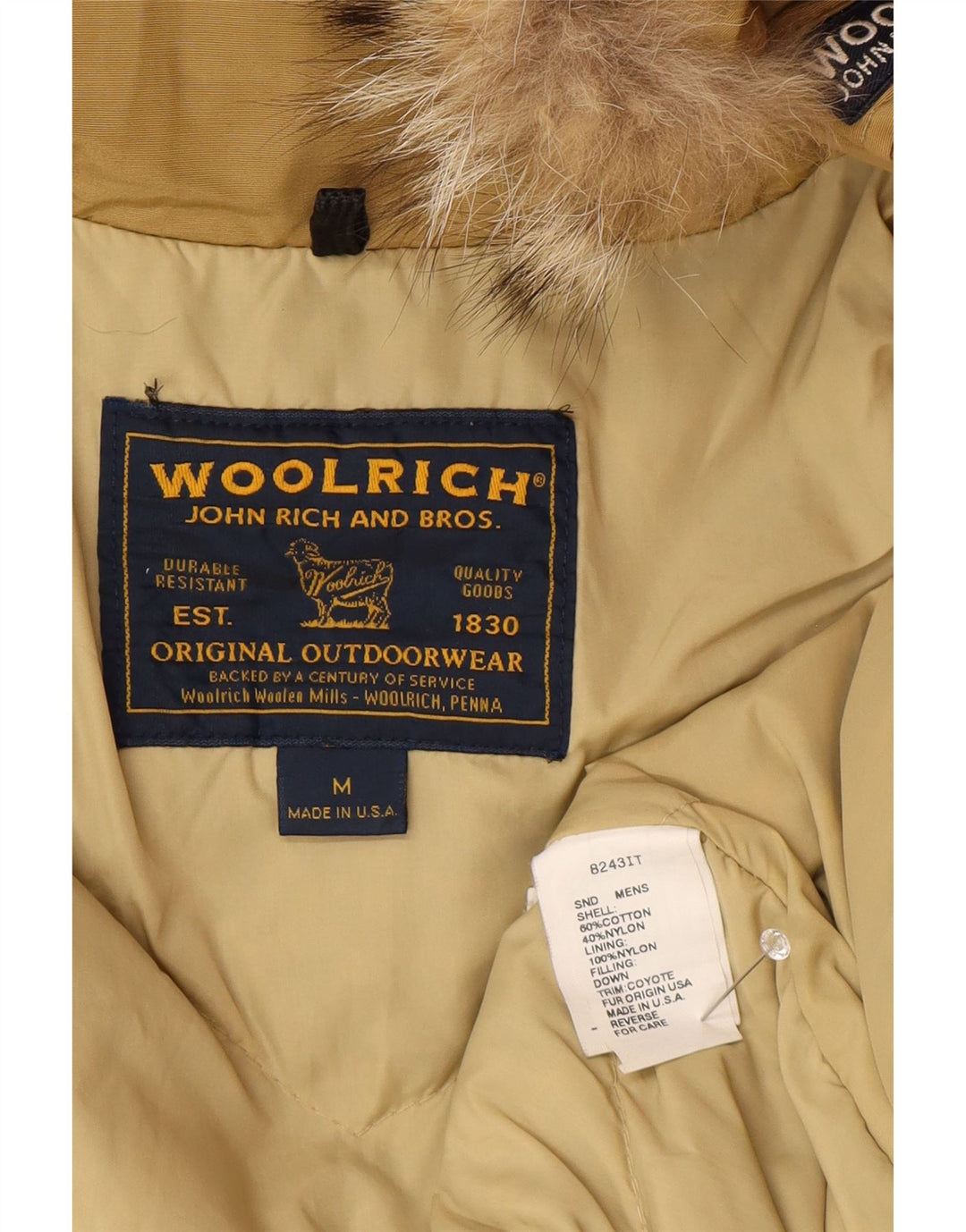 Woolrich Mens Hooded Padded Coat UK 38 Medium Beige Cotton