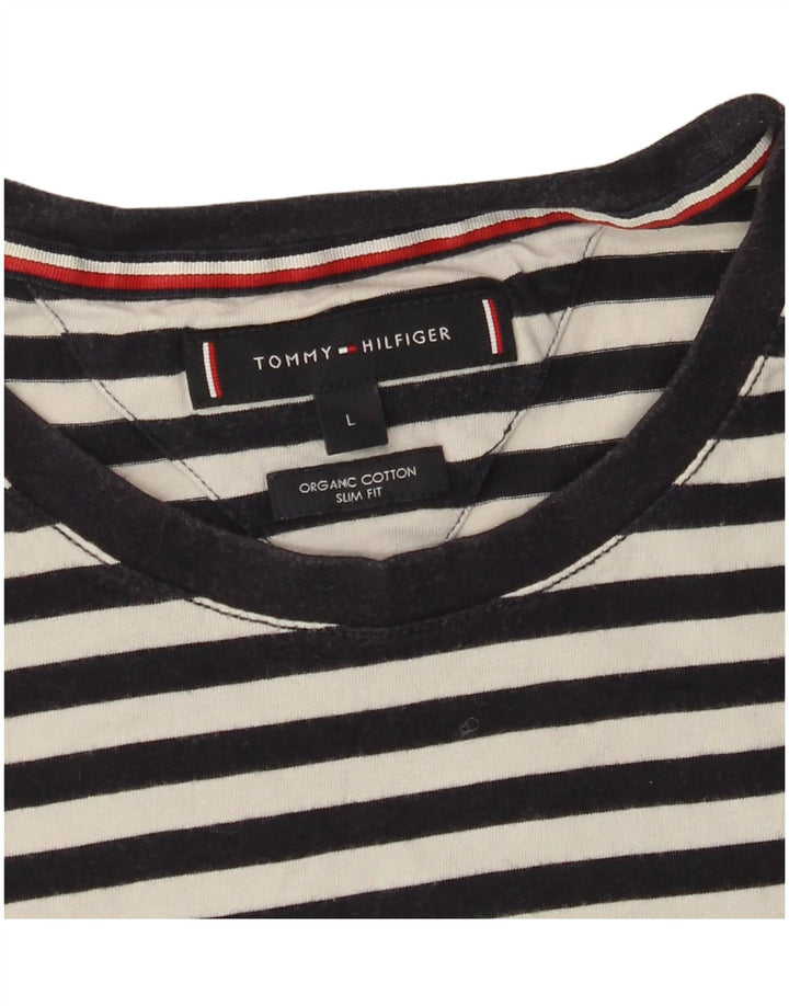 TOMMY HILFIGER Womens Slim Fit T-Shirt Top UK 14 Large Black Striped