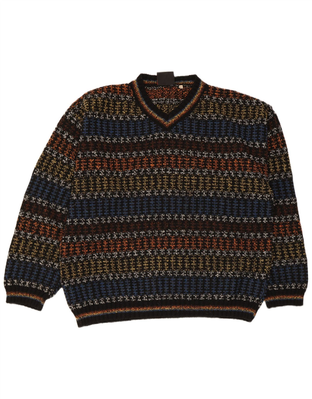 Oxymel Mens V-Neck Jumper Sweater Medium Multicoloured Striped Wool