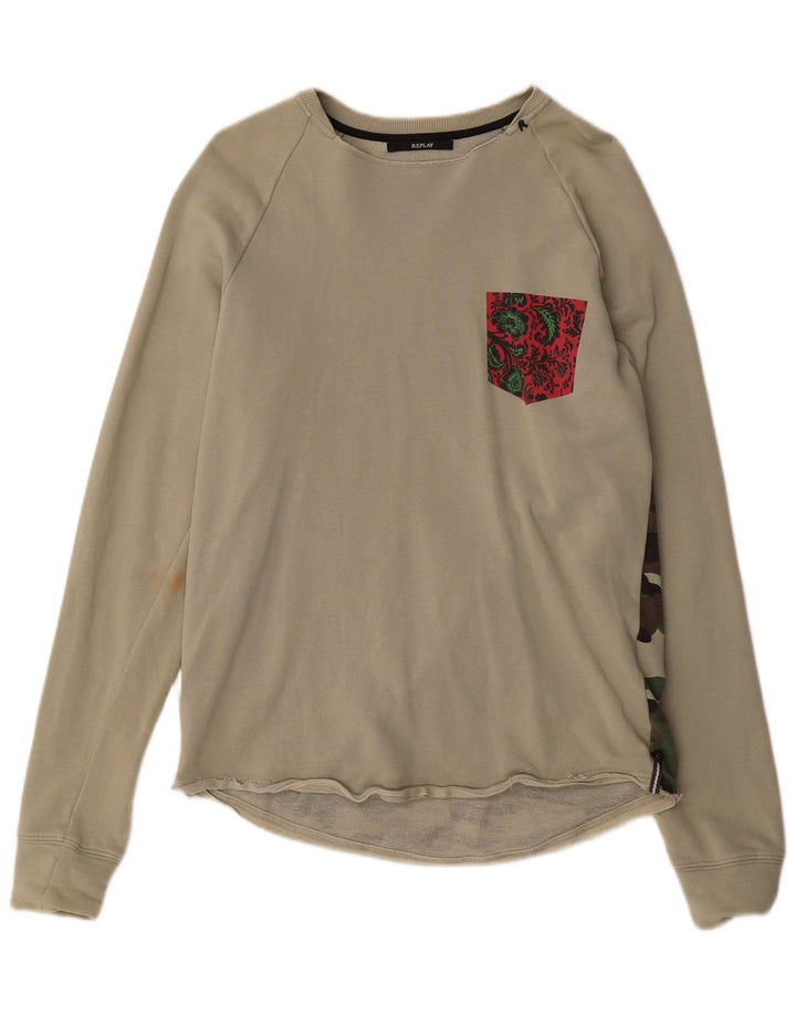 Replay Mens Graphic Sweatshirt Jumper Medium Khaki Camouflage Cotton