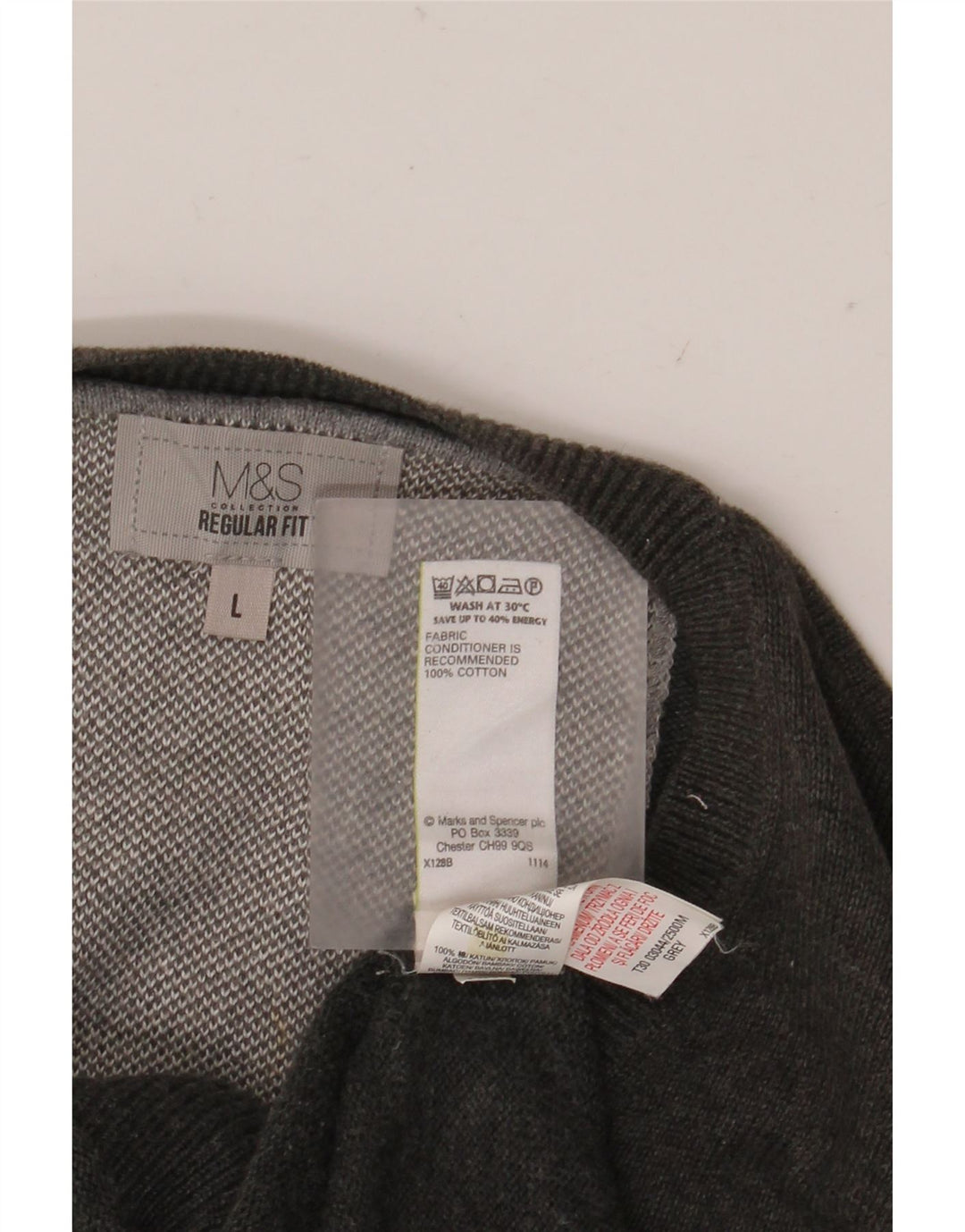 Marks & Spencer Mens Regular Fit V-Neck Jumper Sweater Large Grey Cotton