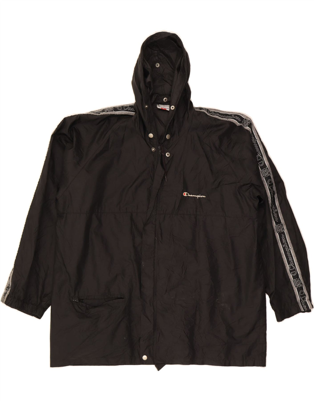 CHAMPION Mens Hooded Rain Jacket UK 42 XL Black Polyamide Vintage Champion and Second-Hand Champion from Messina Hembry 