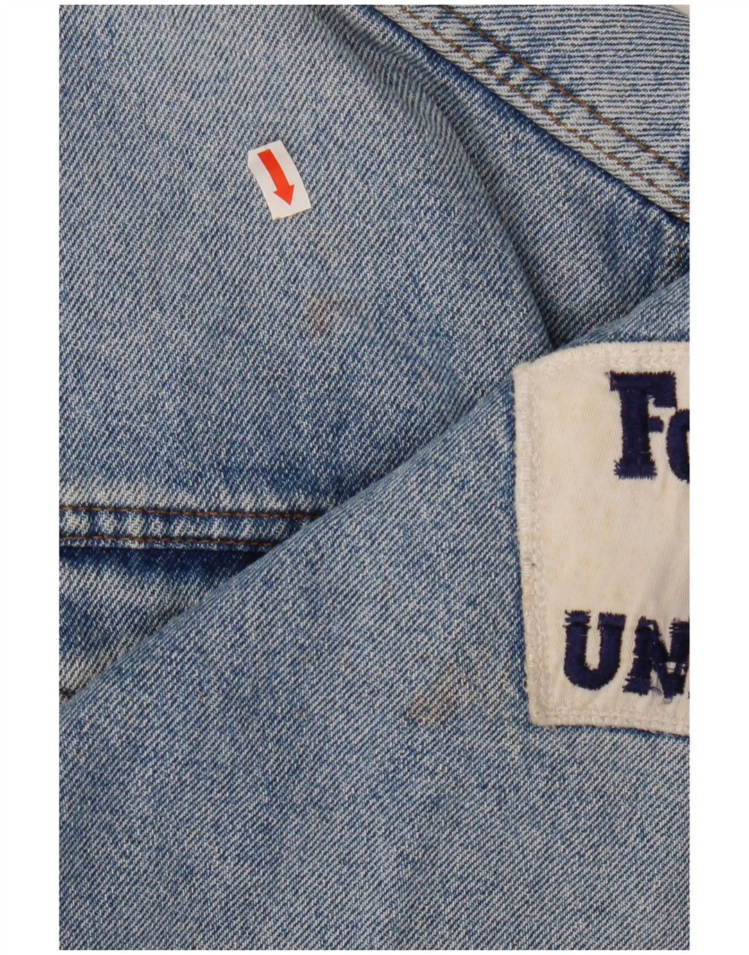 UNIFORM Womens Crop Graphic Denim Jacket UK 14 Large Blue