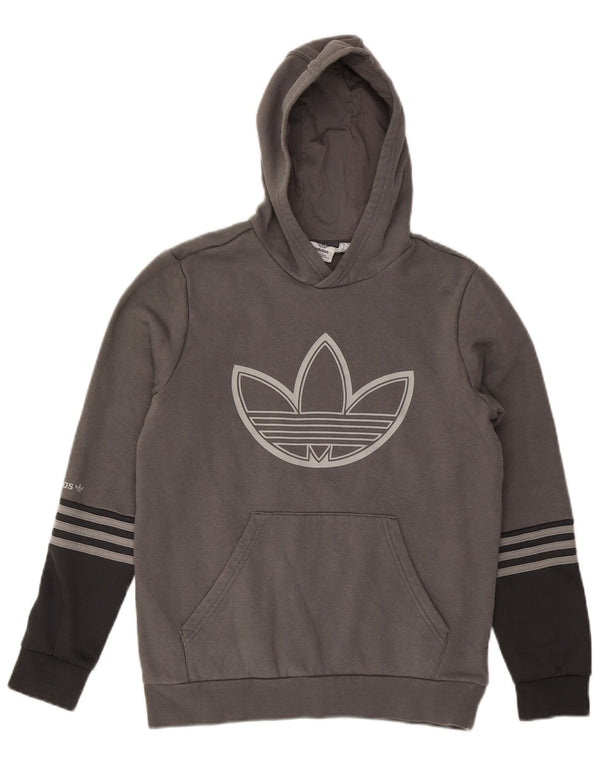 ADIDAS Boys Graphic Hoodie Jumper 14-15 Years Grey Colourblock Cotton