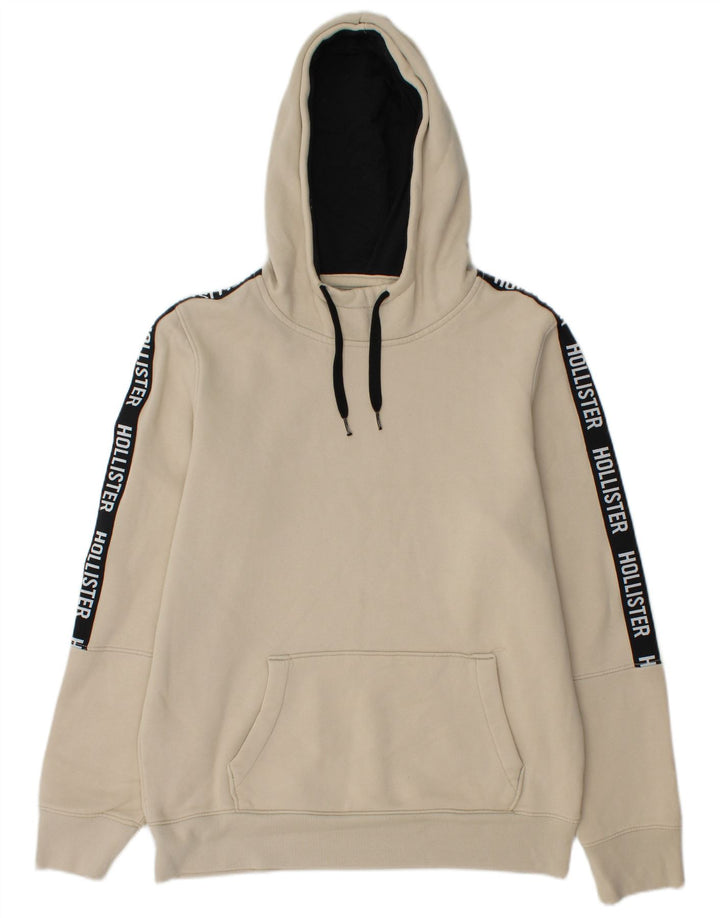 HOLLISTER Mens Graphic Hoodie Jumper Medium Beige Colourblock Cotton