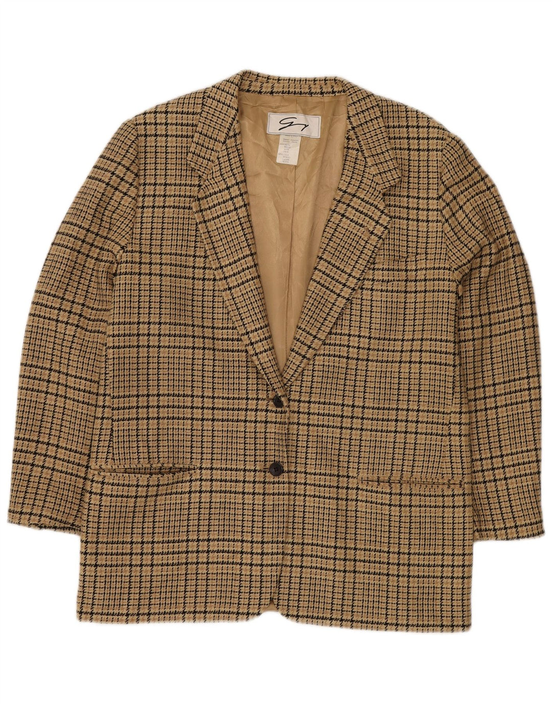 GENNY Womens 2 Button Blazer Jacket US 14 XL Beige Check Silk