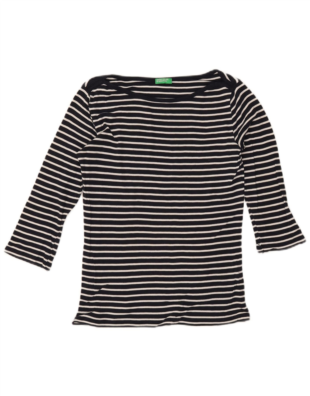 BENETTON Womens Top 3/4 Sleeve UK 10 Small Navy Blue Striped Cotton