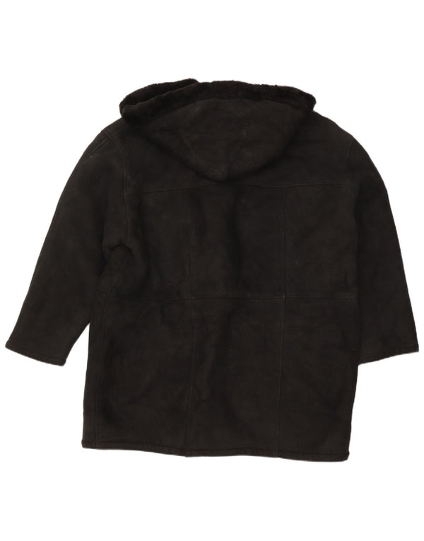 Vintage Womens Hooded Oversized Shearling Coat UK 16 Large Black