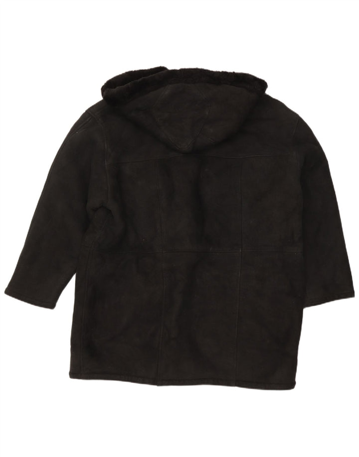 Vintage Womens Hooded Oversized Shearling Coat UK 16 Large Black