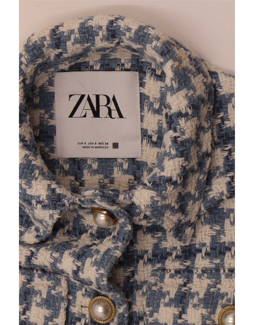 Zara Womens 3/4 Sleeve 5 Button Blazer Jacket UK 10 Small Blue Houndstooth