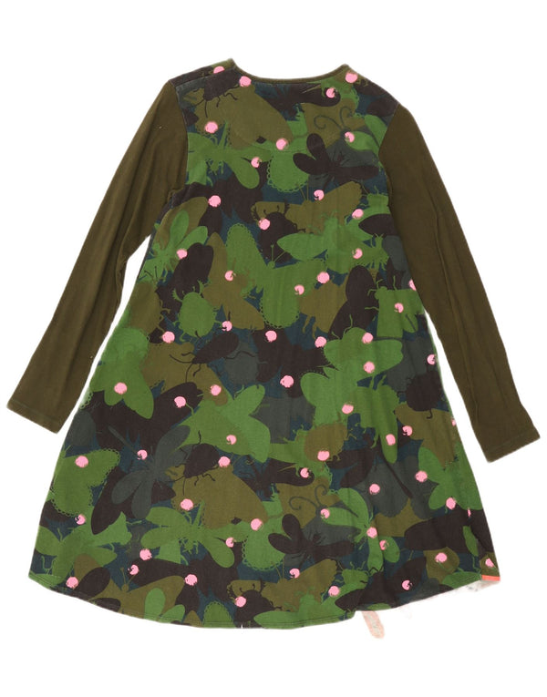 Desigual Girls Long Sleeve Basic Dress 13-14 Years Green Floral Cotton