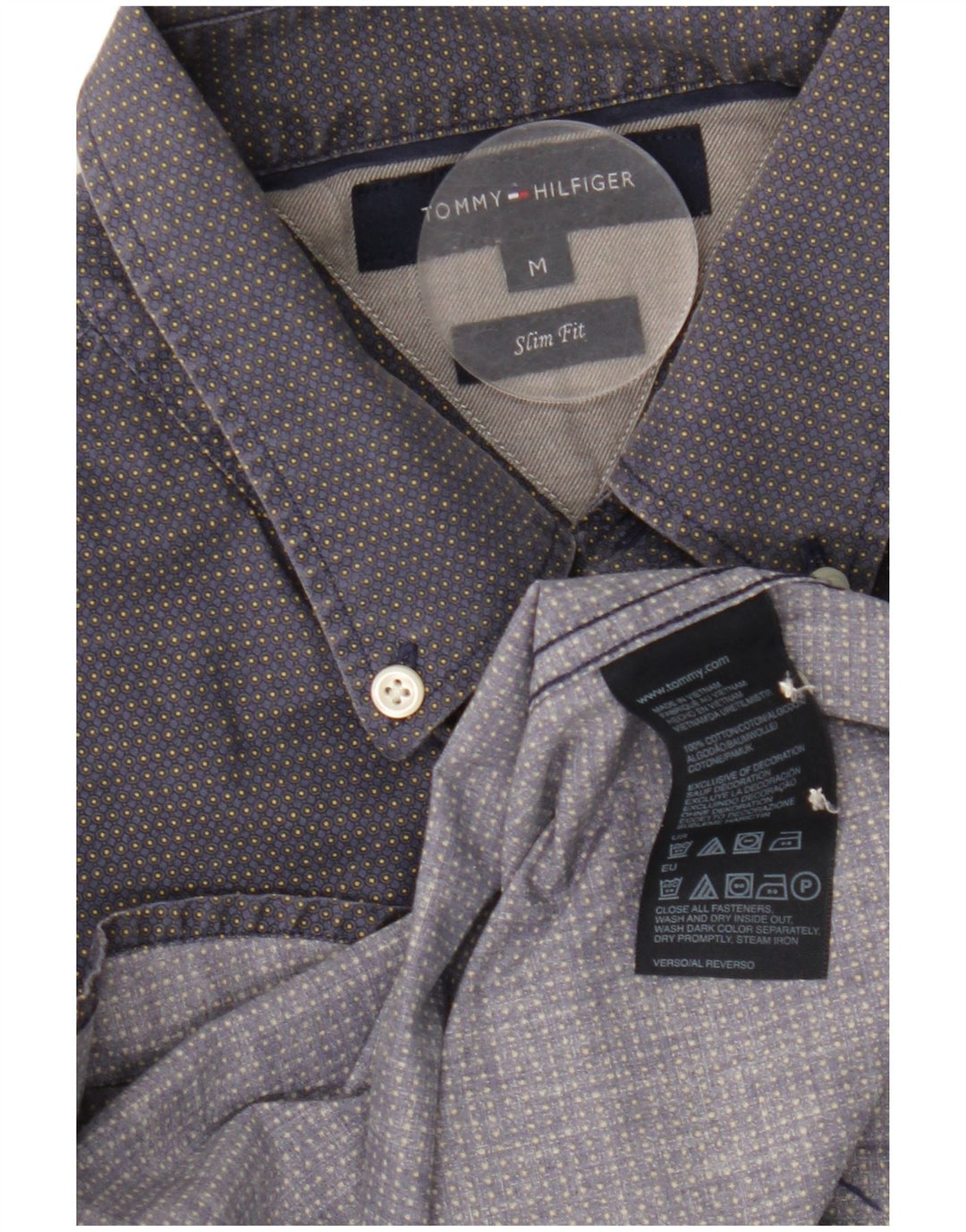 TOMMY HILFIGER Mens Slim Fit Shirt Medium Navy Blue Spotted Cotton